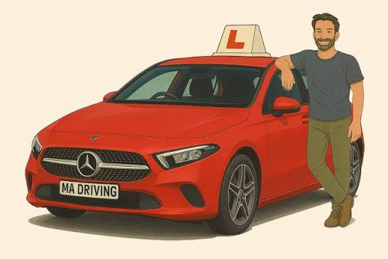 Driving instructor standing beside a red learner car